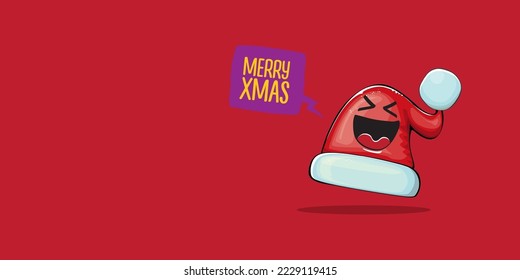 Vector cartoon Santa Claus red hat with smile face isolated on red horizontal bannner background. Merry Christmas greeting banner with funny monster Santa Claus hat. Santa hat