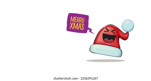 Vector cartoon Santa Claus red hat with smile face isolated on white horizontal bannner background. Merry Christmas greeting banner with funny monster Santa Claus hat. Santa hat