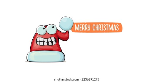 Vector cartoon Santa Claus red hat with smile face isolated on white horizontal bannner background. Merry Christmas greeting banner with funny monster Santa Claus hat. Santa hat
