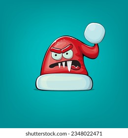 Vector cartoon Santa Claus red hat with smile face isolated on azure background. Childrens Merry Christmas greeting card with funny monster Santa hat. Santa red hat character isolated