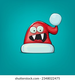 Vector cartoon Santa Claus red hat with smile face isolated on azure background. Childrens Merry Christmas greeting card with funny monster Santa hat. Santa red hat character isolated