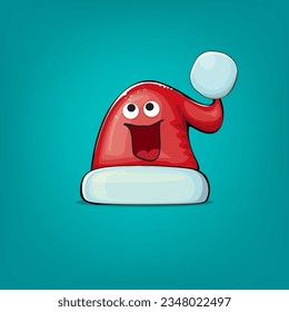 Vector cartoon Santa Claus red hat with smile face isolated on azure background. Childrens Merry Christmas greeting card with funny monster Santa hat. Santa red hat character isolated