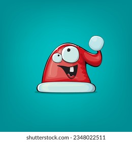 Vektorgrafik Weihnachtsmütze mit Lächeln Gesicht einzeln auf hellblauem Hintergrund. Kinder Frohe Weihnachten Grußkarte mit lustigem Monster Weihnachtsmütze. Weihnachtsmütze einzeln