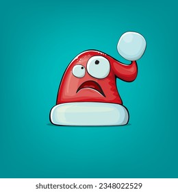 Vector cartoon Santa Claus red hat with smile face isolated on azure background. Childrens Merry Christmas greeting card with funny monster Santa hat. Santa red hat character isolated