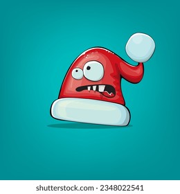 Vector cartoon Santa Claus red hat with smile face isolated on azure background. Childrens Merry Christmas greeting card with funny monster Santa hat. Santa red hat character isolated