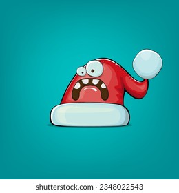 Vector cartoon Santa Claus red hat with smile face isolated on azure background. Childrens Merry Christmas greeting card with funny monster Santa hat. Santa red hat character isolated