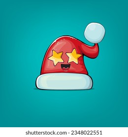 Vector cartoon Santa Claus red hat with smile face isolated on azure background. Childrens Merry Christmas greeting card with funny monster Santa hat. Santa red hat character isolated