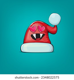 Vector cartoon Santa Claus red hat with smile face isolated on azure background. Childrens Merry Christmas greeting card with funny monster Santa hat. Santa red hat character isolated