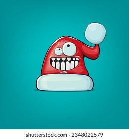 Caricatura vectorial Santa Claus sombrero rojo con la cara de sonrisa aislado en un fondo azul. Niños Feliz tarjeta de felicitación navideña con divertido sombrero monstruo de Santa. Carácter de sombrero rojo Santa aislado