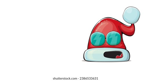 Vector cartoon Santa Claus red hat character with smile face isolated on white background. Childrens Merry Christmas greeting card with funny monster Santa hat. Santa red hat with sunglasses 