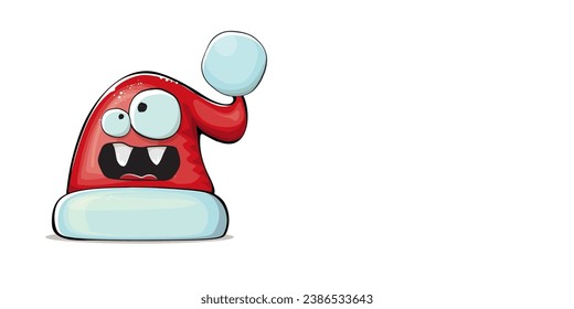 Vector cartoon Santa Claus red hat character with smile face isolated on white background. Childrens Merry Christmas greeting card with funny monster Santa hat. Santa red hat with sunglasses 