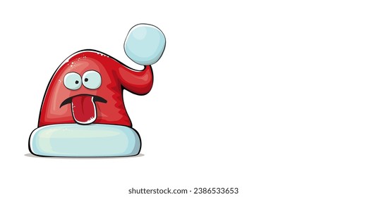 Vector cartoon Santa Claus red hat character with smile face isolated on white background. Childrens Merry Christmas greeting card with funny monster Santa hat. Santa red hat with sunglasses 