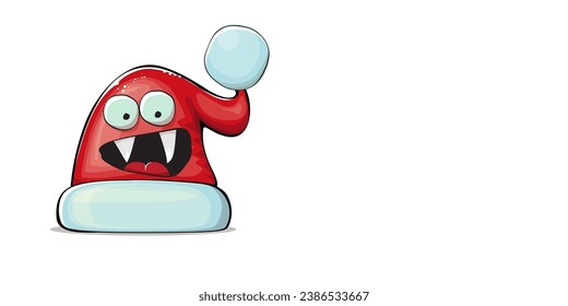 Vector cartoon Santa Claus red hat character with smile face isolated on white background. Childrens Merry Christmas greeting card with funny monster Santa hat. Santa red hat with sunglasses 
