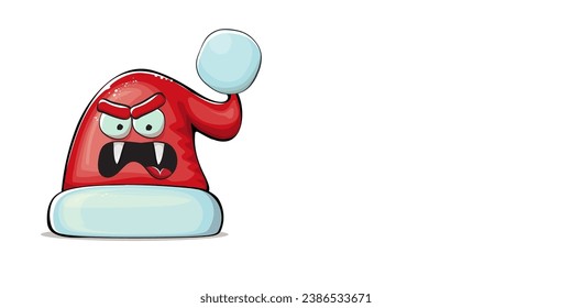 Vector cartoon Santa Claus red hat character with smile face isolated on white background. Childrens Merry Christmas greeting card with funny monster Santa hat. Santa red hat with sunglasses 