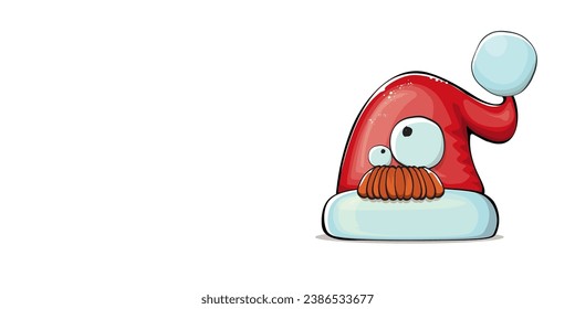 Vector cartoon Santa Claus red hat character with smile face isolated on white background. Childrens Merry Christmas greeting card with funny monster Santa hat. Santa red hat with sunglasses 