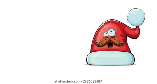 Vector cartoon Santa Claus red hat character with smile face isolated on white background. Childrens Merry Christmas greeting card with funny monster Santa hat. Santa red hat with sunglasses 