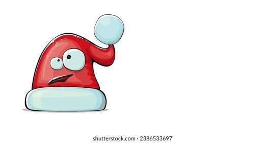 Vector cartoon Santa Claus red hat character with smile face isolated on white background. Childrens Merry Christmas greeting card with funny monster Santa hat. Santa red hat with sunglasses 