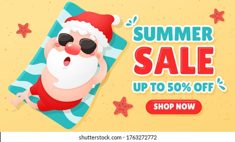 Vector cartoon santa claus is relaxing while sunbathing on the beach in summer The concept of summer promotion
