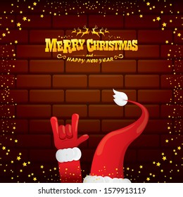 vector cartoon Santa Claus rock n roll style with golden greeting text on brick wall background with christmas star lights. Merry Christmas Rock n roll party poster design or greeting card. 