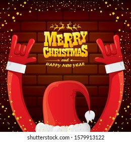 vector cartoon Santa Claus rock n roll style with golden greeting text on brick wall background with christmas star lights. Merry Christmas Rock n roll party poster design or greeting card. 