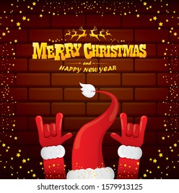 vector cartoon Santa Claus rock n roll style with golden greeting text on brick wall background with christmas star lights. Merry Christmas Rock n roll party poster design or greeting card. 