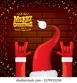 vector cartoon Santa Claus rock n roll style with golden greeting text on brick wall background with christmas star lights. Merry Christmas Rock n roll party poster design or greeting card. 