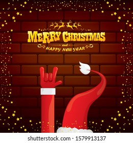 vector cartoon Santa Claus rock n roll style with golden greeting text on brick wall background with christmas star lights. Merry Christmas Rock n roll party poster design or greeting card. 