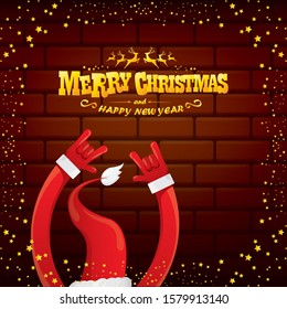 vector cartoon Santa Claus rock n roll style with golden greeting text on brick wall background with christmas star lights. Merry Christmas Rock n roll party poster design or greeting card. 