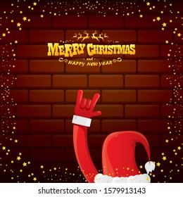 vector cartoon Santa Claus rock n roll style with golden greeting text on brick wall background with christmas star lights. Merry Christmas Rock n roll party poster design or greeting card. 