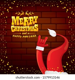 vector cartoon Santa Claus rock n roll style with golden greeting text on brick wall background with christmas star lights. Merry Christmas Rock n roll party poster design or greeting card. 