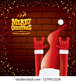 vector cartoon Santa Claus rock n roll style with golden greeting text on brick wall background with christmas star lights. Merry Christmas Rock n roll party poster design or greeting card. 