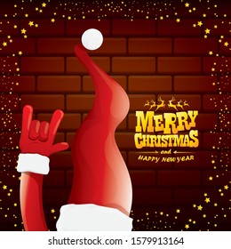 vector cartoon Santa Claus rock n roll style with golden greeting text on brick wall background with christmas star lights. Merry Christmas Rock n roll party poster design or greeting card. 