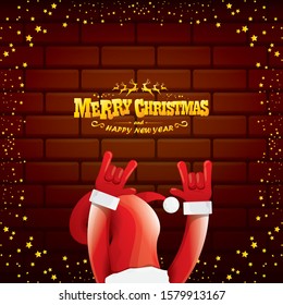 vector cartoon Santa Claus rock n roll style with golden greeting text on brick wall background with christmas star lights. Merry Christmas Rock n roll party poster design or greeting card. 