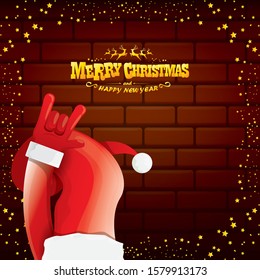 vector cartoon Santa Claus rock n roll style with golden greeting text on brick wall background with christmas star lights. Merry Christmas Rock n roll party poster design or greeting card. 