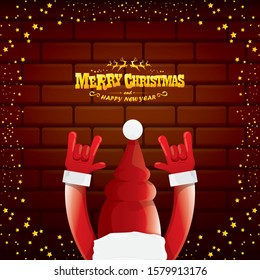 vector cartoon Santa Claus rock n roll style with golden greeting text on brick wall background with christmas star lights. Merry Christmas Rock n roll party poster design or greeting card. 