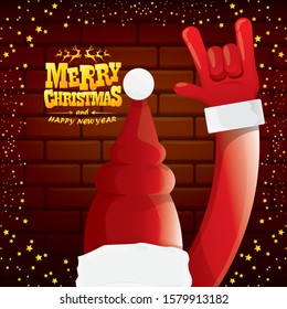 vector cartoon Santa Claus rock n roll style with golden greeting text on brick wall background with christmas star lights. Merry Christmas Rock n roll party poster design or greeting card. 