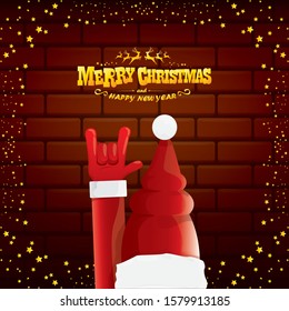vector cartoon Santa Claus rock n roll style with golden greeting text on brick wall background with christmas star lights. Merry Christmas Rock n roll party poster design or greeting card. 