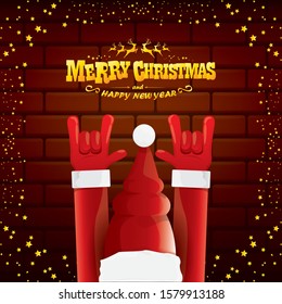 vector cartoon Santa Claus rock n roll style with golden greeting text on brick wall background with christmas star lights. Merry Christmas Rock n roll party poster design or greeting card. 