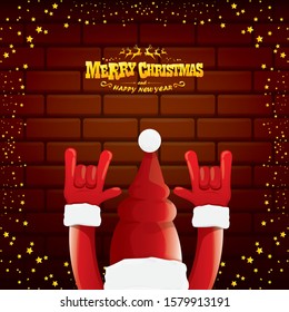 vector cartoon Santa Claus rock n roll style with golden greeting text on brick wall background with christmas star lights. Merry Christmas Rock n roll party poster design or greeting card. 