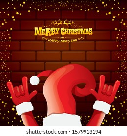 vector cartoon Santa Claus rock n roll style with golden greeting text on brick wall background with christmas star lights. Merry Christmas Rock n roll party poster design or greeting card. 