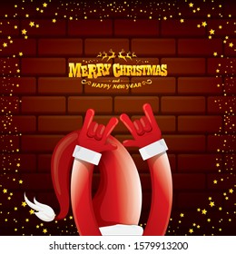 vector cartoon Santa Claus rock n roll style with golden greeting text on brick wall background with christmas star lights. Merry Christmas Rock n roll party poster design or greeting card. 