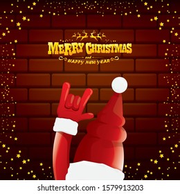 vector cartoon Santa Claus rock n roll style with golden greeting text on brick wall background with christmas star lights. Merry Christmas Rock n roll party poster design or greeting card. 