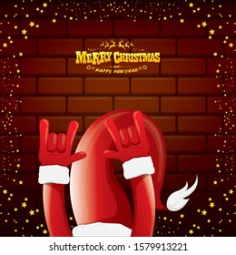 vector cartoon Santa Claus rock n roll style with golden greeting text on brick wall background with christmas star lights. Merry Christmas Rock n roll party poster design or greeting card. 