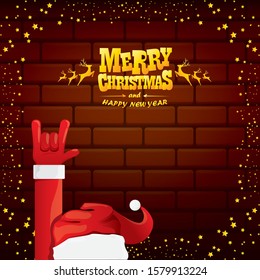 vector cartoon Santa Claus rock n roll style with golden greeting text on brick wall background with christmas star lights. Merry Christmas Rock n roll party poster design or greeting card. 