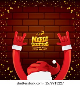 vector cartoon Santa Claus rock n roll style with golden greeting text on brick wall background with christmas star lights. Merry Christmas Rock n roll party poster design or greeting card. 