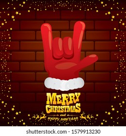 vector cartoon Santa Claus rock n roll style with golden greeting text on brick wall background with christmas star lights. Merry Christmas Rock n roll party poster design or greeting card. 