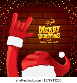 vector cartoon Santa Claus rock n roll style with golden greeting text on brick wall background with christmas star lights. Merry Christmas Rock n roll party poster design or greeting card. 