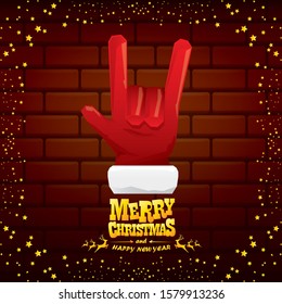 vector cartoon Santa Claus rock n roll style with golden greeting text on brick wall background with christmas star lights. Merry Christmas Rock n roll party poster design or greeting card. 