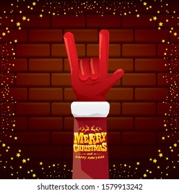 vector cartoon Santa Claus rock n roll style with golden greeting text on brick wall background with christmas star lights. Merry Christmas Rock n roll party poster design or greeting card. 