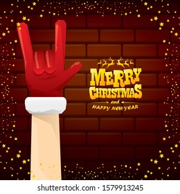 vector cartoon Santa Claus rock n roll style with golden greeting text on brick wall background with christmas star lights. Merry Christmas Rock n roll party poster design or greeting card. 